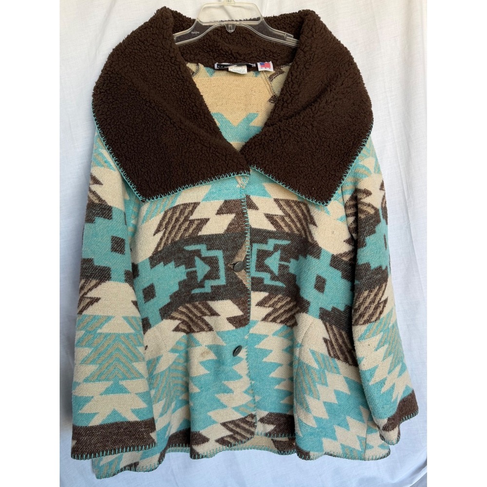 Wool Blend Rhonda Stark Blanket Jacket Turquoise Brown Tribal Sherpa XL/1X